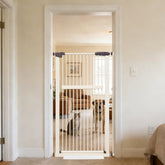 Lumizone Extra Tall Pet Gate in cream white keeps active cats safely contained.