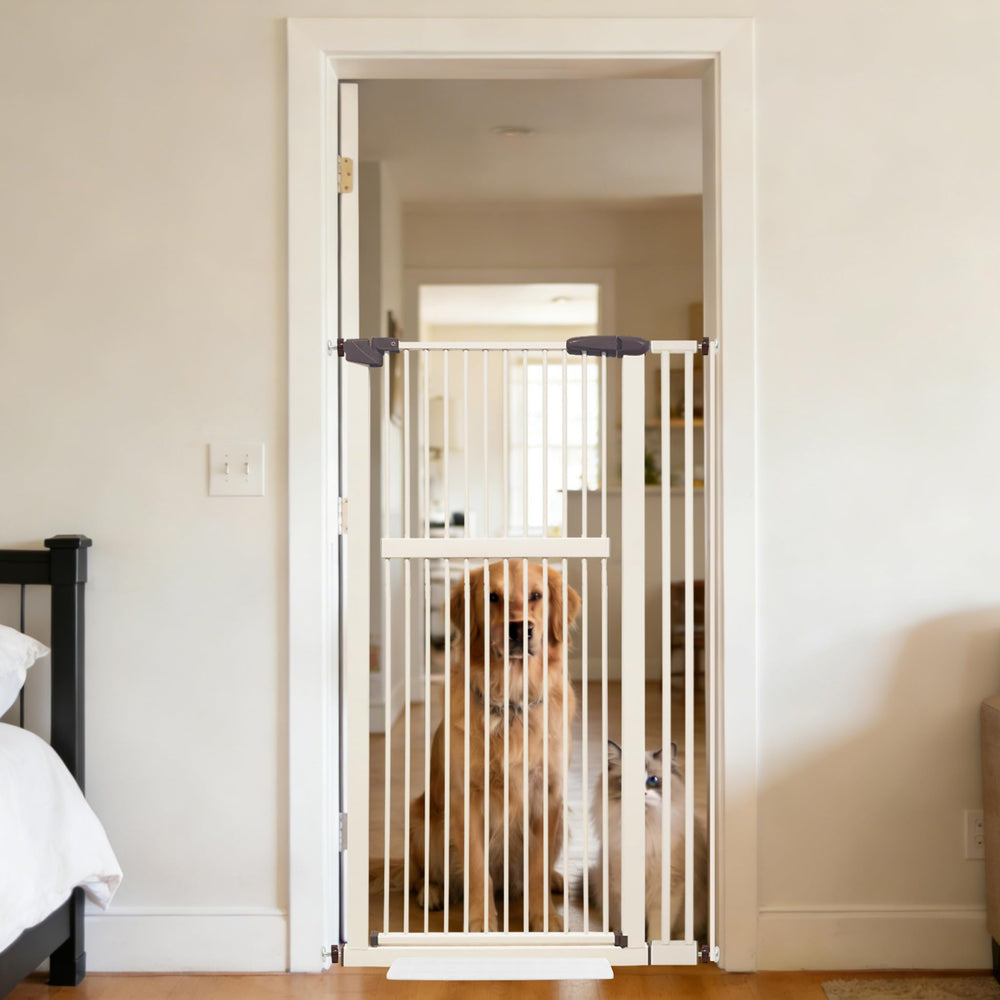 Lumizone extra tall gate visible at 55.12 inches, ideal for preventing cat escapes.
