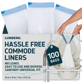 Lunderg commode liner value pack box with 100 medical-grade bags for home use.
