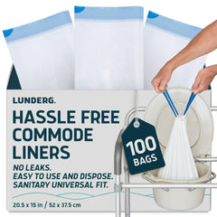 Lunderg commode liner value pack box with 100 medical-grade bags for home use.