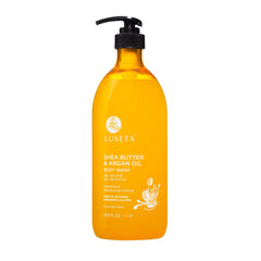 Luseta Shea Butter & Argan Body Wash bottle highlighting deep hydration for dry skin