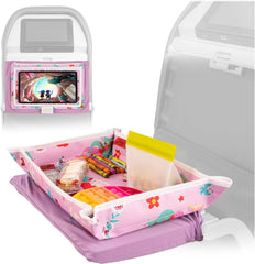 Lusso Gear airplane tray cover with pockets and tablet holder for organized in-flight play.