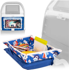 Lusso Gear airplane tray cover with snack pockets keeps meals and toys within easy reach.
