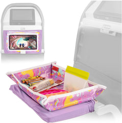 Lusso Gear unicorn design on airplane tray keeps kids entertained while organized.