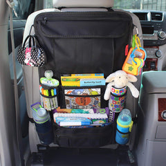 Lusso Gear gray backseat organizer with side pocket detail for quick bottle or toy access