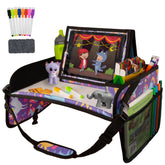 Lusso Gear travel tray in purple unicorns on a car lap for snacks and activities