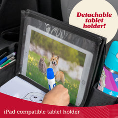 No-drop tablet holder on Lusso Gear travel tray with purple unicorns