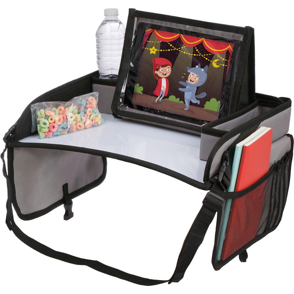 Lusso Gear lap tray for car seat provides organized space for toys and snacks.