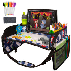 Lusso Gear Kids Travel Tray for car seat desk with organized snacks.