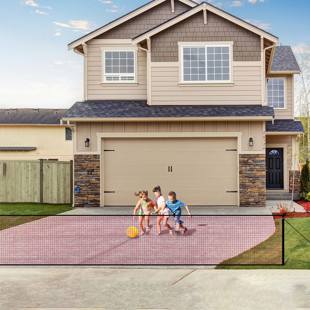 LUTICO driveway net red gate stops balls from rolling toward the street, protecting kids at play.