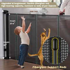 Luvcoo 41-inch tall retractable dog gate demonstrates height for stair safety and pet separation.