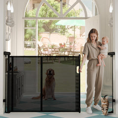 Luvcoo retractable gate at stairs, adjustable width fits many stair openings.