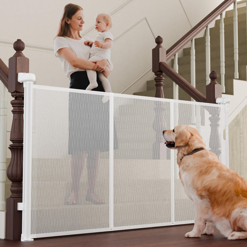 Luvcoo retractable gate with adjustable width for stairs, adapts to different stair openings.