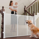 Luvcoo retractable gate with adjustable width for stairs, adapts to different stair openings.