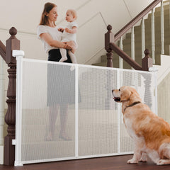 Luvcoo retractable gate with adjustable width for stairs, adapts to different stair openings.