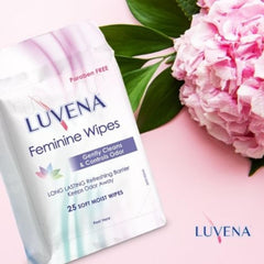 Luvena wipes package showcases cucumber scent and cleansing cloths.