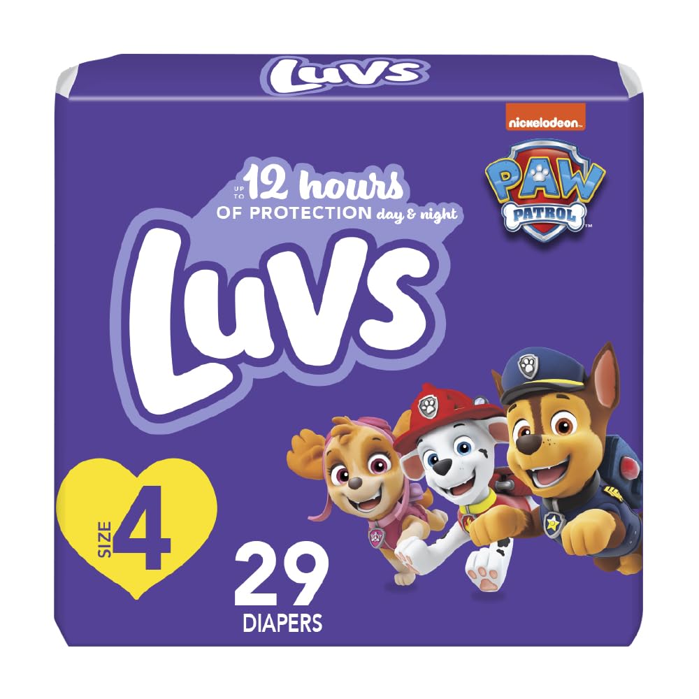 Luvs Paw Patrol size 4 diaper design featuring Chase and Marshall for everyday wear.