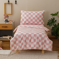 Luxlovery toddler comforter set in checkered pink white, cozy warmth for night sleep