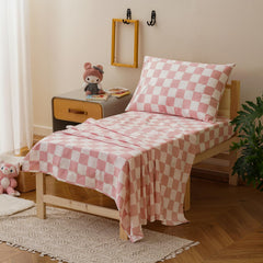 Luxlovery toddler flat sheet in pink-white plaid, breathable and snug