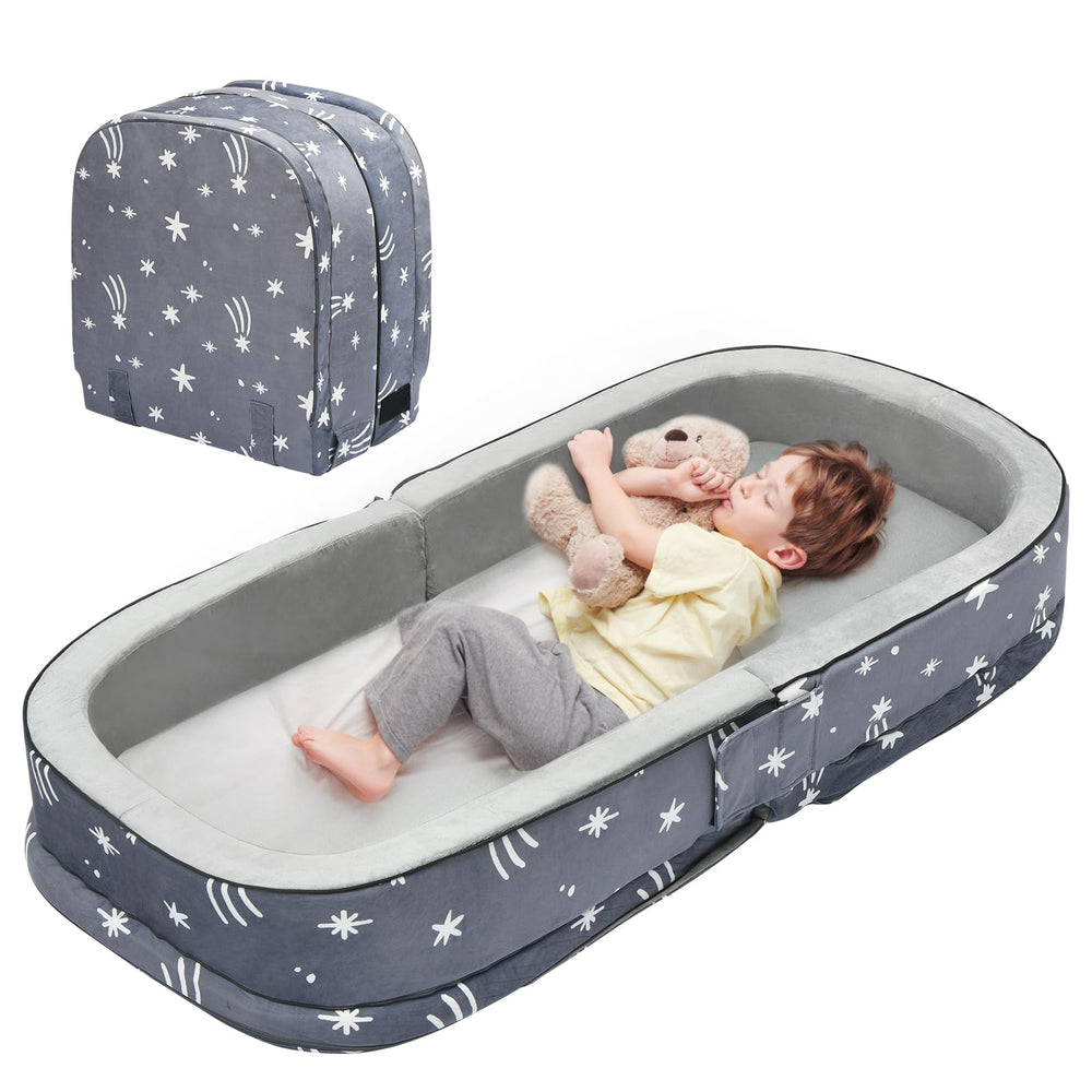 Lvemilio portable toddler travel bed folded for easy transport.