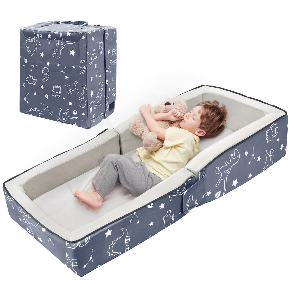 Lvemilio toddler travel bed folded for easy transport during trips.