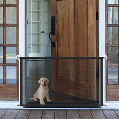 LWFCOEE Mesh Dog Gate assembly demonstrates quick setup for doorways and stairs.
