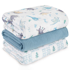 LYRICHOM BABY blue dinosaur swaddle pack in soft muslin for newborn comfort.