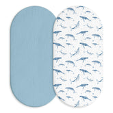 LYRICHOM BABY muslin bassinet sheet with blue whale pattern for breathable sleep.