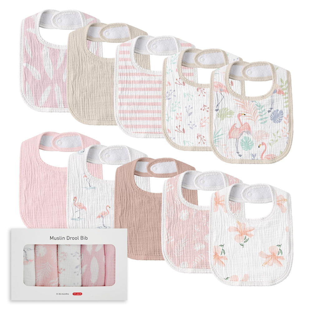 LYRICHOM BABY muslin bib front view shows soft, absorbent fabric for drool protection