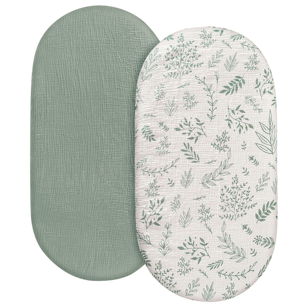 LYRICHOM Baby muslin sheets in Bright Leaves offer soft, breathable comfort for newborn naps