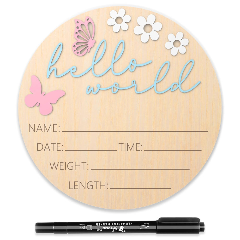 LZC LADYS GIFT baby announcement sign Hello World on natural wood, ideal nursery decor.
