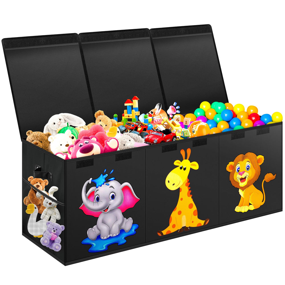 Mabahoo extra-large toy box with collapsible lids keeps living spaces tidy.