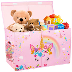Mabahoo large toy box with lid keeps plush toys organized in living room.