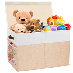 Mabahoo large toy storage box with lid, beige and white, for tidy playroom organization.