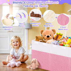 Mabahoo toy chest with removable dividers helps organize stuffed animals and blankets.