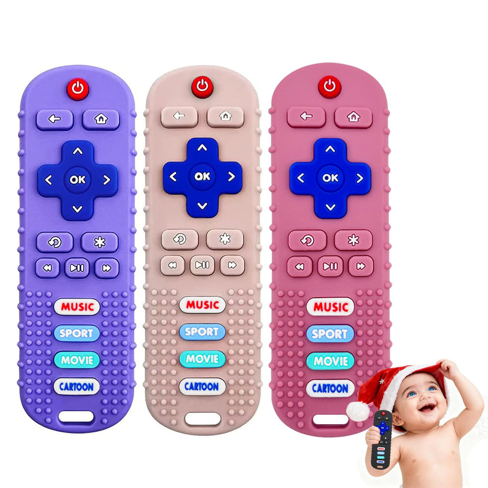 MACLUD remote teether in pink for teething relief and sensory play.