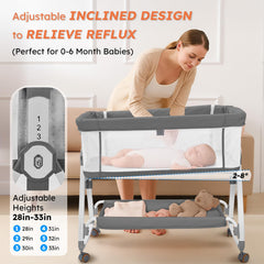 Six-height adjustable bassinet aligns with most bed frames for versatile positioning.