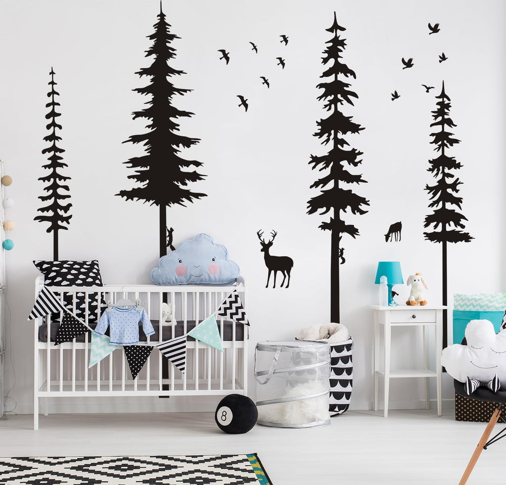 MAFENT pine tree wall decal set creates a dramatic forest backdrop for any room.
