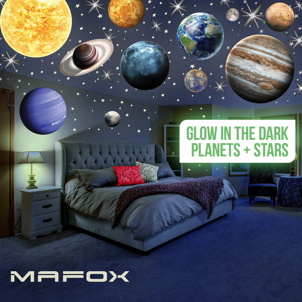 MAFOX Glow Planets ceiling stickers create a vivid solar system display in the nursery.