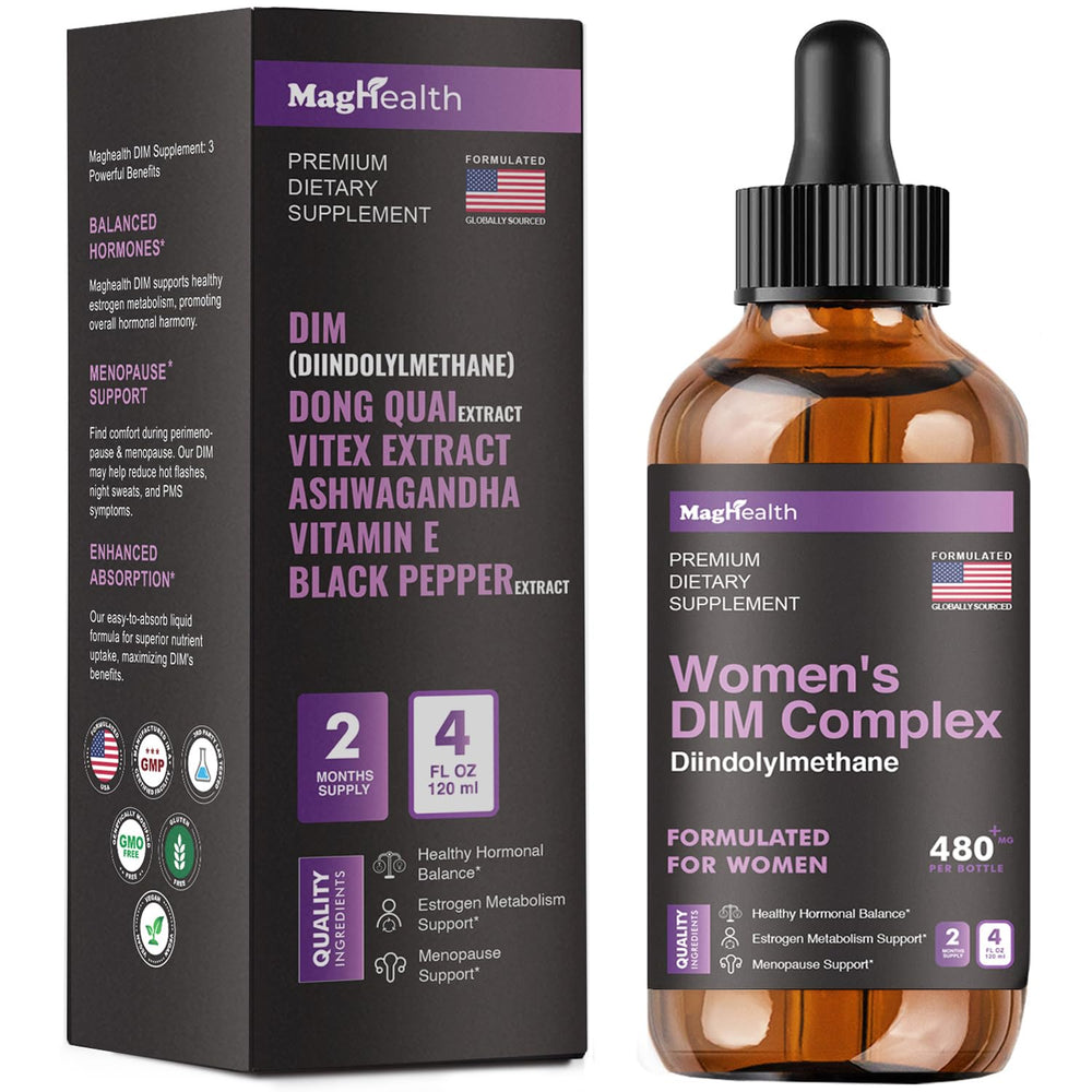 MagHealth DIM bottle label highlighting balance focus for hormone support.