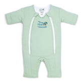 Magic Sleepsuit Merlin front view in sage green, showcasing cozy swaddle transition design.