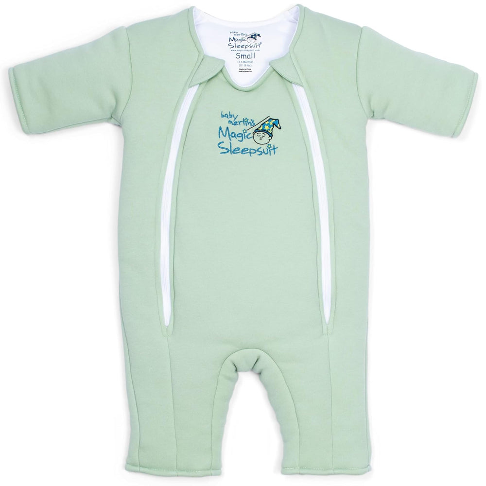 Magic Sleepsuit Merlin's Cotton Swaddle Transition front view in sage green helps calm baby