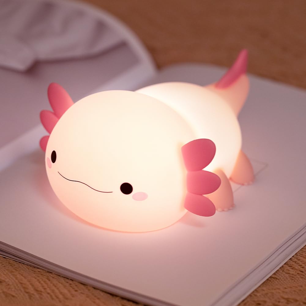 Magical JD Axolotl Night Light pink glow for a gentle bedtime ambiance.