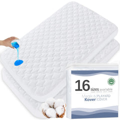 Magik & Kover pack-and-play mattress cover fits a 28.5-in by 41-in surface for a secure, flat nap space.
