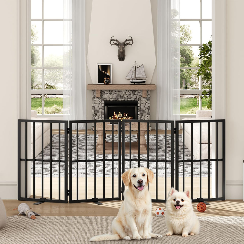 Mahancris dog gate indoors setup demonstrates freestanding, no-drill installation for small pets.