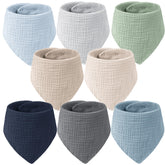 MairMore muslin bandana bibs 8-pack offer soft absorption for daily drool.