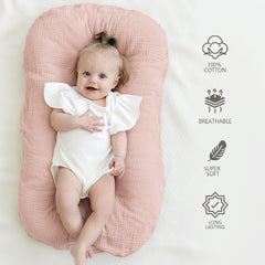MairMore muslin baby lounger cover pink blossom on lounger, breathable fabric for comfy naps.