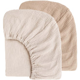 MairMore muslin crib sheet ash close-up shows breathable fabric texture.