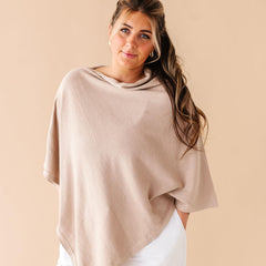 Makemake Organics nursing cover worn by mom demonstrates privacy and hands-free feeding.