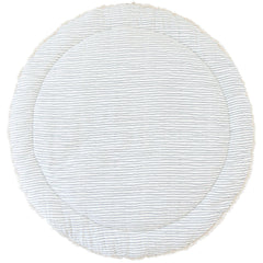 MakeMake Organics play mat round 48 blue stripes on a soft surface for tummy time.